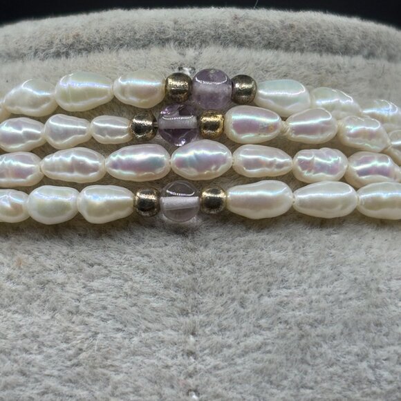 Two Separate Strands Seed Pearl Necklace Amethyst & Gold-Tone Beads 21” Doubled - Picture 4 of 8